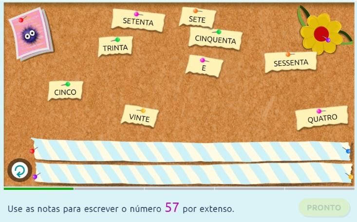 7 A tela apresentará um novo conjunto de rótulos. A instrução diz para escrevermos 57. P e rgunt e : Como soletramos 57? Cinquenta e sete. Di ga: São três palavras, cinquenta e sete.