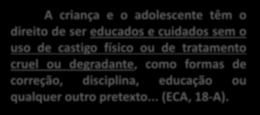 Lei da palmada Lei 13010/2014 A criança e o adolescente têm o direito de ser educados e cuidados sem o uso de castigo físico