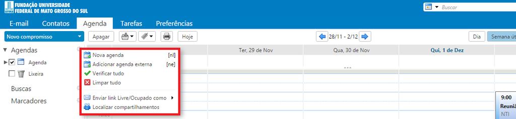 Pode-se criar várias agendas, para isso clique em Opções no menu lateral ou clique com o botão direito do mouse e selecione a