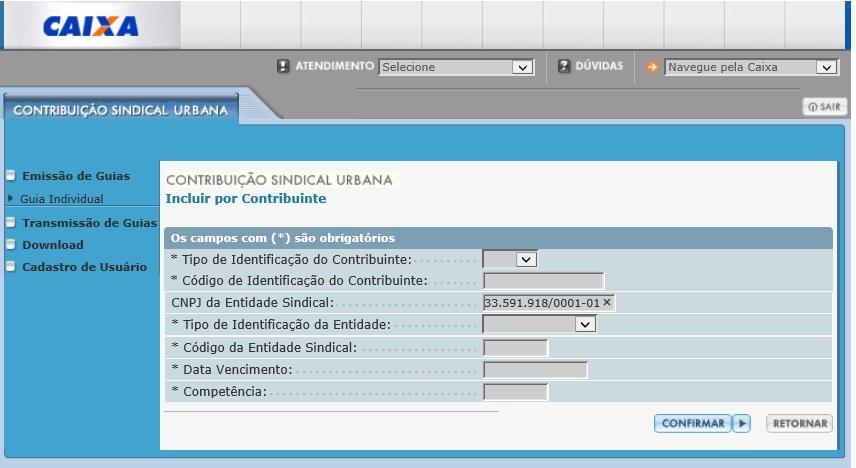 8º passo Dados da Entidade da Categoria Na tela abaixo, o Contribuinte deverá informar: Tipo de identificação do Contribuinte: CPF ou CNPJ do Contribuinte; Código de Identificação do Contribuinte: