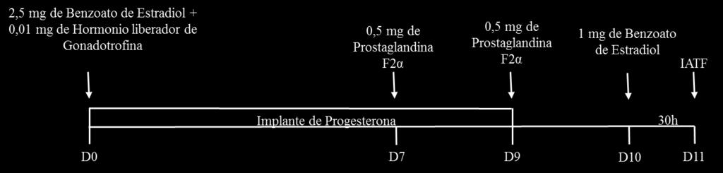 16 Figura 1: Protocolo hormonal de inseminação artificial em tempo fixo com aplicação de Hormônio Liberador de Gonadotrofinas (D0), duas doses de ProstaglandinaF2α (D7 e D9) e