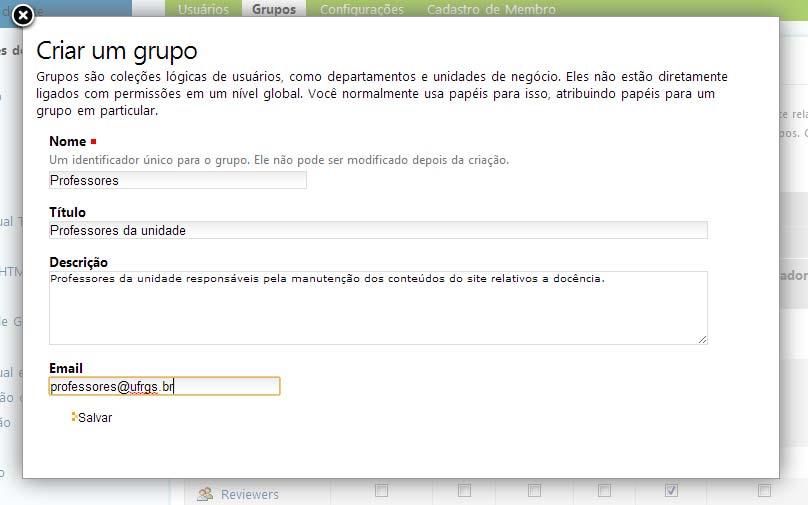 Preencha os dados do novo grupo e clique em salvar. Depois de salvo, o grupo aparecerá na listagem de grupos de seu site.