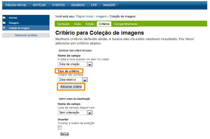 b) Cada tipo de item definido no Nome do Campo vai disponibilizar opções de Tipo de Critério. Após selecioná los você deve clicar em Adicionar critério.