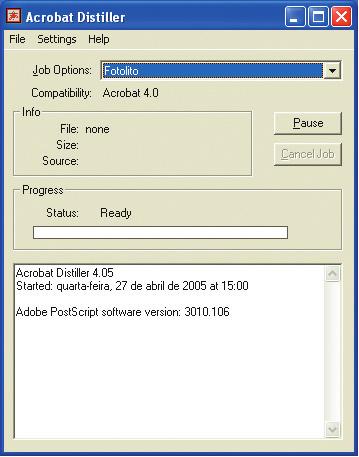 Acrobat Distiller Fechamento de arquivo PDF PC / MAC Para gerar um documento PDF a partir de um arquivo PostScript, utilizamos o Acrobat Distiller.