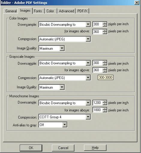 3. Nos itens Color Images e Grayscale Images, selecione as seguintes opções: Downsample: Bicubic Downsampling to 300 ppi for images above 360 ppi Compression: Automatic Image Quality: Maximum Dessa