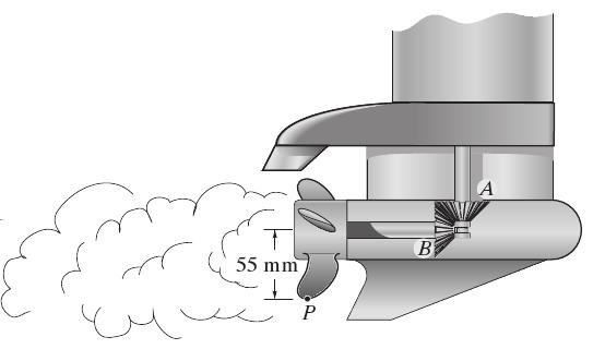 A engrenagem A no eixo de transmissão do motor de popa te um raio r A = 12,5 mm e está engrenada ao pinhão B no eixo de hélice que tem um raio r B = 30,0 mm.