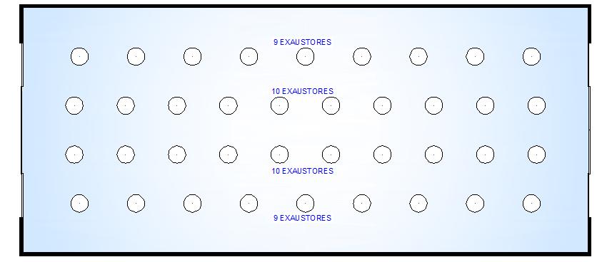 ótimas, seriam necessários 54 exaustores, o que se torna inexequível à luz das dimensões da cobertura. Figura 10 Proposta de implementação de 38 exaustores para atendimento do IVN=3,00.