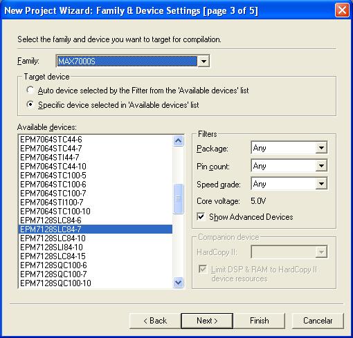 A quarta tela da caixa de dialogo New Project Wizard, possibilita a escolha da família do dispositivo que será utilizado no projeto.
