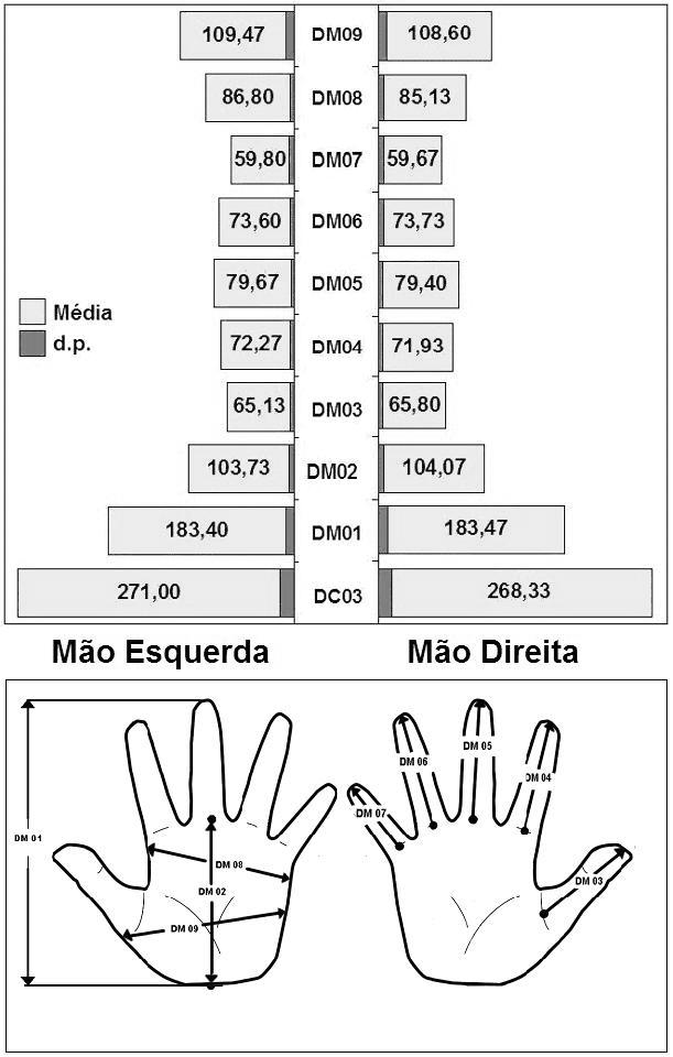 Foram obtidos as médias (em mm) e desvio-padrão de cada uma das variáveis antropométricas da mão direita e esquerda de destros (Figura 03) e