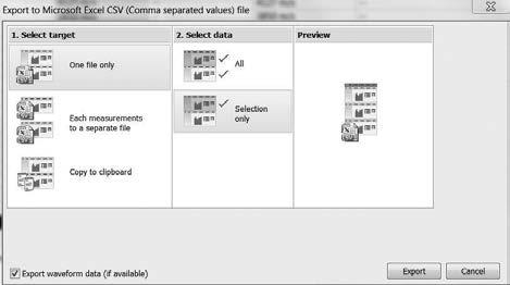 Os dados para este objeto medido são exportados como arquivo ou arquivos Microsoft Office Excel separados por vírgulas.