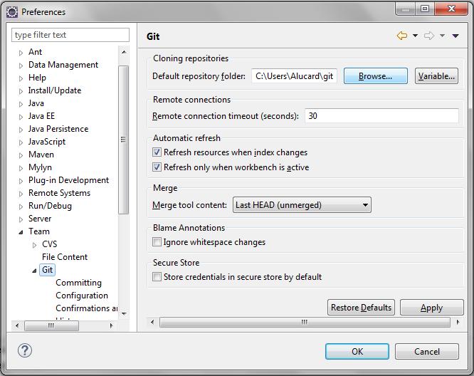 A janela de configurações do Git podem ser acessadas via o caminho Window -> Preferences -> Team -> Git -> Configuration.