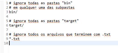 Crie um arquivo no Repositorio Git com os seguinte conteúdo. Configuração do arquivo.gitignore. Agora, o Git irá ignorar todos os arquivos que terminarem com.