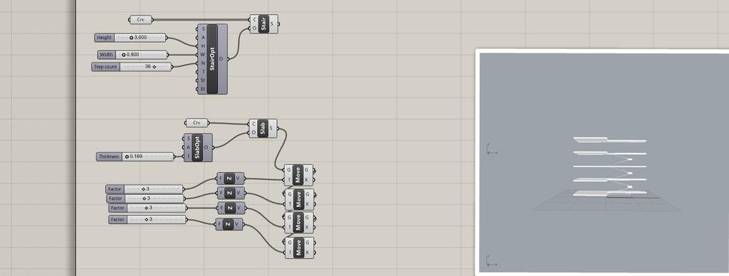 - Em primeiro lugar desenhou-se uma Curve no Rhino que irá corresponder ao eixo das escadas com a forma pretendida. - Em seguida associou-se esse elemento ao input C do comando Stairs do VisualArq.