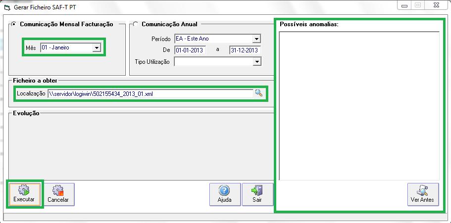 Como posso gerar o ficheiro SAF-T (comunicação mensal)? O programa que se ilustra a seguir, figura no software LogiWin em Facturação/Utilitários/Ficheiro SAF-T.