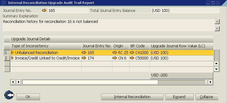 Durante a actualização para o SAP Business One 2007 A: O sistema identifica que o recebimento nº 25 está envolvido numa reconciliação não compensada.