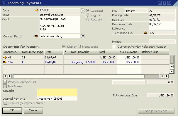 Antes do SAP Business One 2007 A: O lançamento no diário nº 134, que está associado ao pagamento nº 3, e a factura de cliente nº 46, são pagos na totalidade pelo recebimento nº 27.