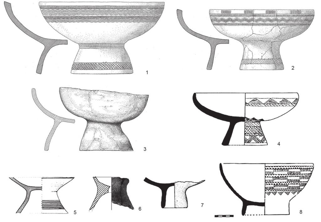 Figura 5 Exemplos de fruitstands campaniformes peninsulares. 1 2: São Pedro do Estoril 1, Cascais (adaptado de Leisner et al., 1964, p. 51 e 47, Est.