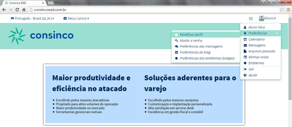 Personalizando Usuário Uma vez logado no AVA, o Aluno já poderá realizar algumas alterações em seu próprio