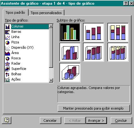Assistente de gráfico - etapa 1 de 4 tipo de gráfico Colunas Barras Linha Pizza Dispersão (XY) Área Rosca Colunas agrupadas Compara valores por categorias Colunas empilhadas Colunas 100% empilhadas