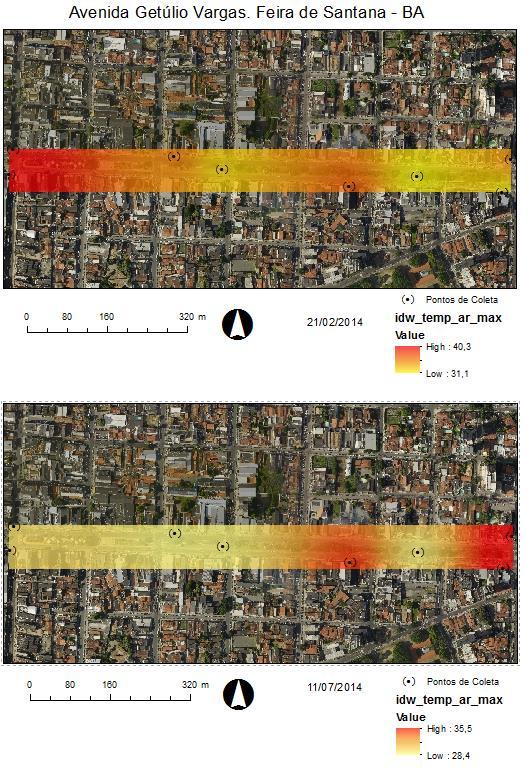 ponto de coleta 7 (figura 04), onde há um cruzamento de duas avenidas e consequentemente, grande quantidade de carros, a temperatura chegou a 40,3ºC.