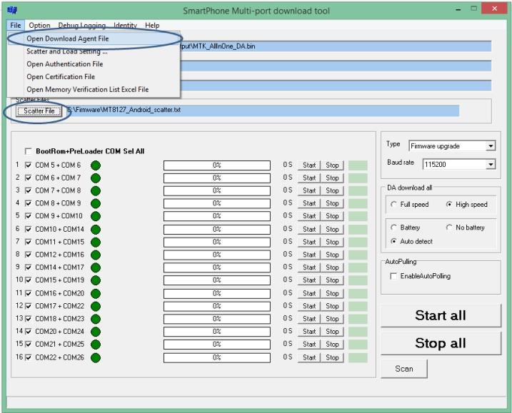 Sistema Operacional Android 5.0.1 5) Selecionando no Menu suspenso, as opções "File / Open Download Agent File", carregar o arquivo "MTK_AllInOne_DA.