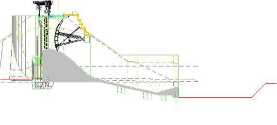 A bacia de dissipação de energia utilizada neste empreendimento foi do tipo inclinada com end-sill, como mostra a FIGURA 4. A bacia foi dimensionada com 56,3 m de comprimento e inclinação de 1:4,45.