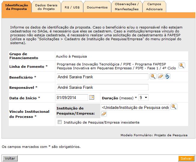 Preenchimento do formulário Empresa. Beneficiário/Responsável.