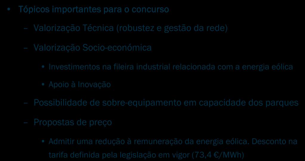 Solução Concursal Tópicos importantes para o concurso Valorização Técnica (robustez e gestão da rede) Valorização Socio-económica Investimentos na fileira industrial relacionada com a energia eólica