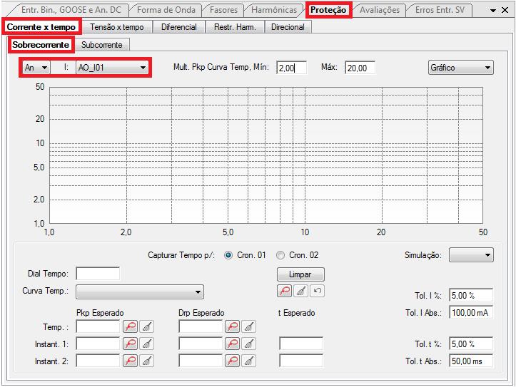 5. Ajustes Sobrecarga Térmica INSTRUMENTOS PARA TESTES ELÉTRICOS 5.1 Aba Proteção > Aba Corrente x tempo > Aba Sobrecorrente Utiliza-se a aba de sobrecorrente para averiguar a curva de sobrecarga.