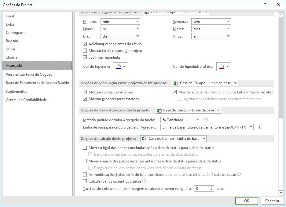 Opções Avançadas de Cálculo em relação à data de status.