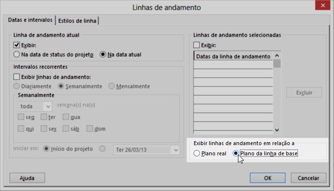 Linhas de Andamento 8) O Microsoft Project também pode mostrar o andamento em relação ao