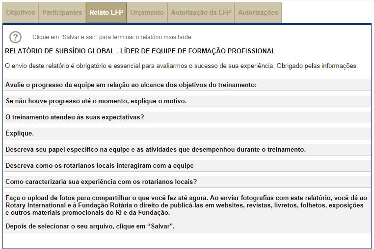 Se o subsídio envolver uma equipe de formação profissional, a aba