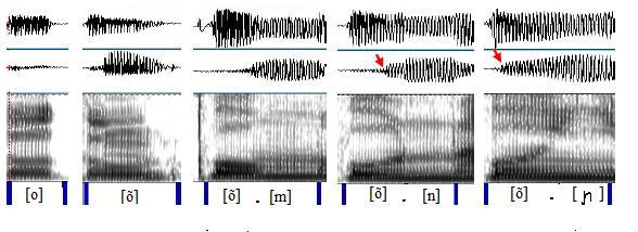 122 FIGURA 28: OSCILOGRAMAS DO MICROFONE ORAL E DO PIEZOELÉTRICO E ESPECTROGRAMA DE BANDA LARGA DA VOGAL MÉDIA POSTERIOR PRÉ-TÔNICA [O] ORAL, NASAL, NASALIZADA POR [m], [n] e [ɲ].