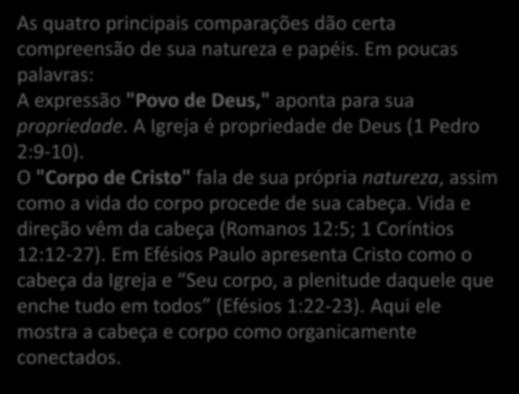 As quatro principais comparações dão certa compreensão de sua natureza e papéis. Em poucas palavras: A expressão "Povo de Deus," aponta para sua propriedade.