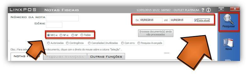 IV. Preencha os filtros selecionando o Modelo NFC-e e o período que deseja pesquisar. Clique no botão Pesquisar. V.