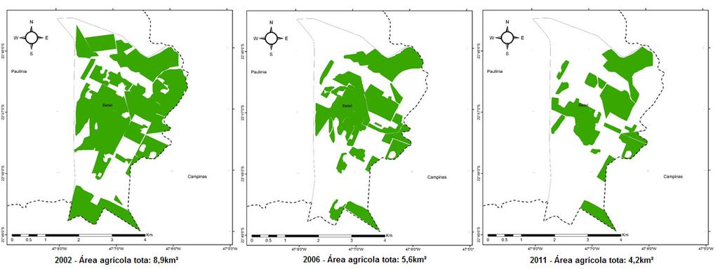 Figura 1: Comparação por imagem de áreas agrícolas do Bairro Betel, anos 2002, 2006 e 2011.