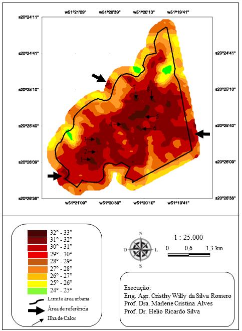 48 Figura 9 - Mapa de Ilhas de Calor Urbana em Ilha Solteira SP, em 27/12/2013 A amplitude térmica das ICU foi de 1 C, classificada como fraca magnitude, de acordo com