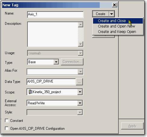 Adicione um Inversor Kinetix 350 a um Projeto RSLogix 5000 Capítulo 2 13. Digite o Nome do eixo. AXIS_CIP_DRIVE é o Tipo de Dado Padrão. 14.