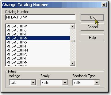 A caixa de diálogo Motor Device Specification é aberta. 3. Do menu suspenso de Data Source, escolha Catalog Number. 4. Clique Change Catalog.
