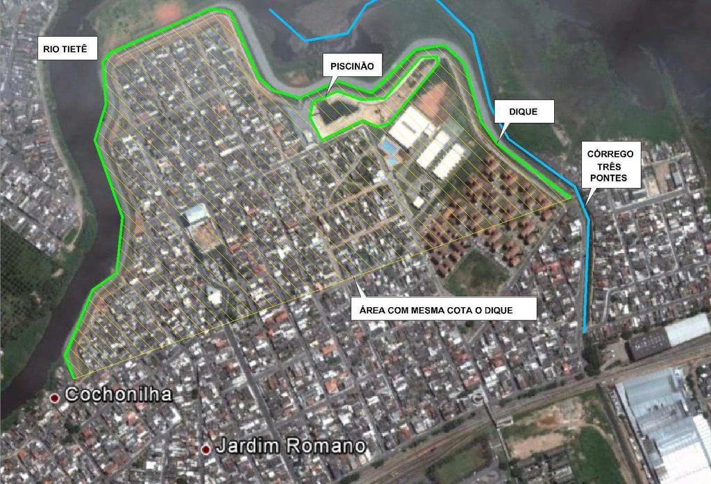 de ser zona de várzea do Córrego Três Pontes com a criação do dique. Toda a drenagem proveniente dessa área isolada hidrotopograficamente do Jardim Romano necessariamente se conduzirá ao piscinão.