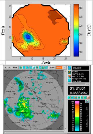 temperatura de topo de nuvem. Em média, uma sub-matriz de 26 26 pixels equivale à mesma área no mundo real da imagem de radar. A Figura 5 apresenta as imagens de radar e satélite.