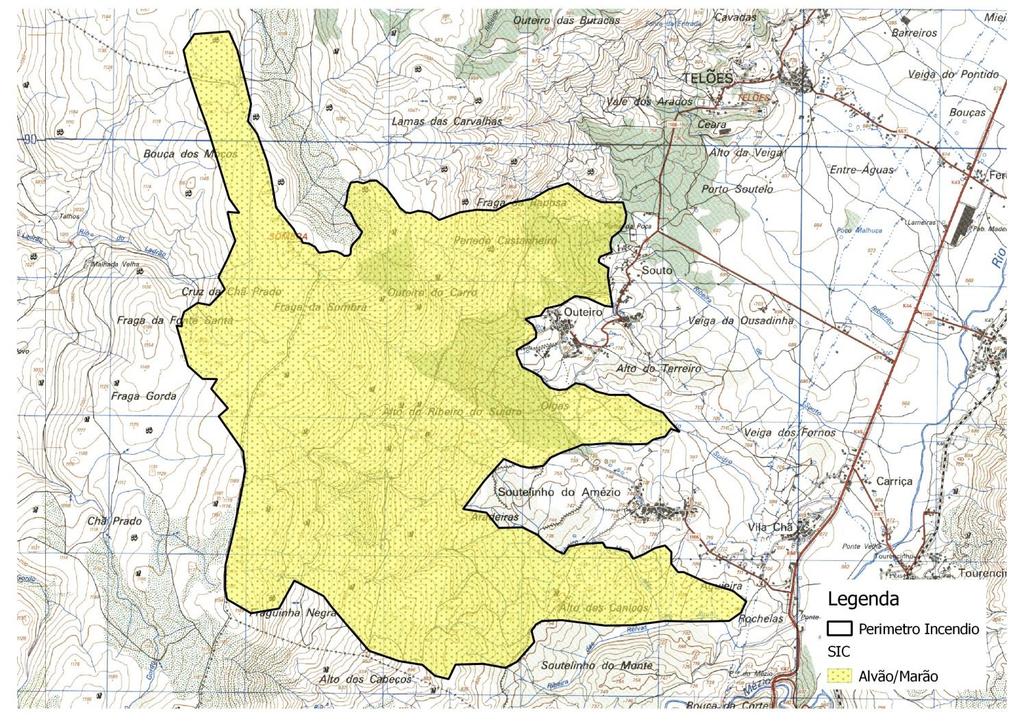 2.5. Áreas classificadas Relativamente às áreas protegidas, constatou-se que o incêndio propagou-se por toda a área de SIC Alvão-Marão, correspondentes a 100% da área total ardida. MAPA 5.