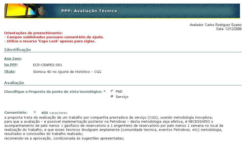 Figura 5 Avaliação técnica da PPP.