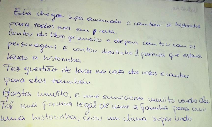 Figura 9. Relato do caderno do diário da sacola temática Os três porquinhos. Registro da bolsista. De acordo com Brandão e Rosa (2011, p.