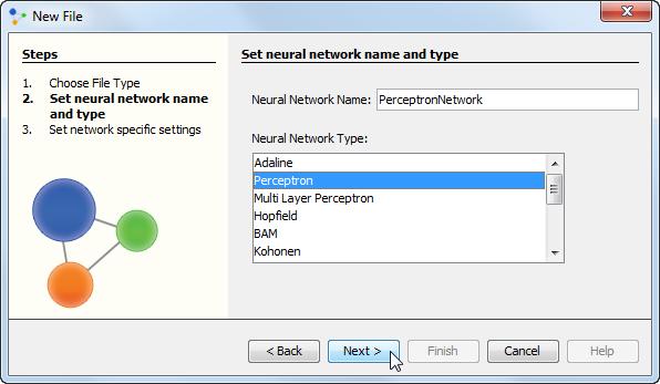 Digite o nome da rede, selecione Perceptron tipo de rede,