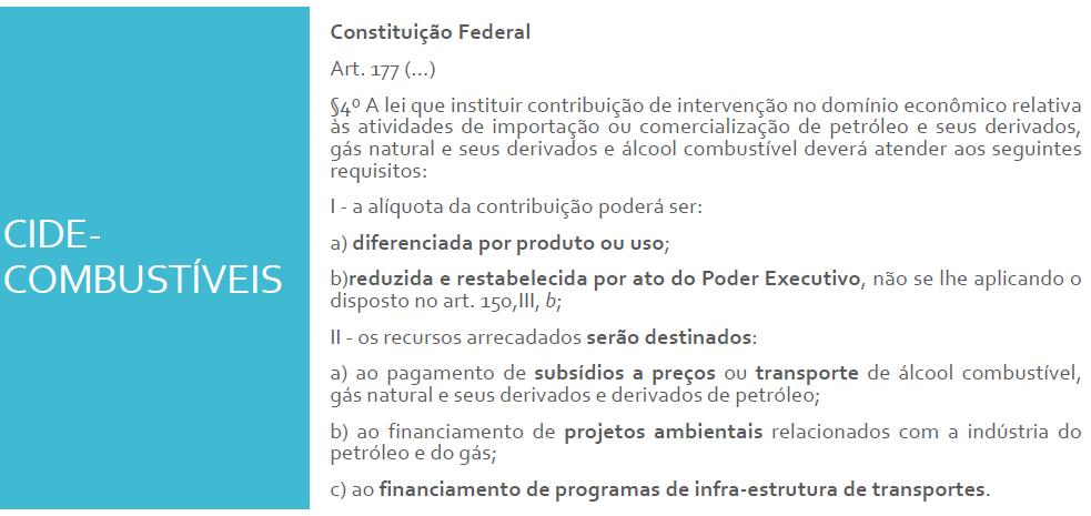 e 150, I e III, e sem prejuízo do previsto no art. 195, 6º, relativamente às contribuições a que alude o dispositivo. CIDE COMBUSTÍVEL Art. 177, 4 da Constituição Federal.