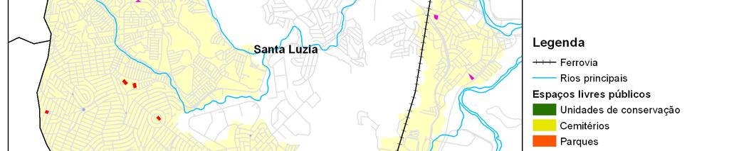 FIGURA 7 - Mapa dos espaços livres públicos identificados em Santa Luzia Do total da área analisada, que corresponde a 87 km²(8% da área total), foram classificados como espaços livres públicos.