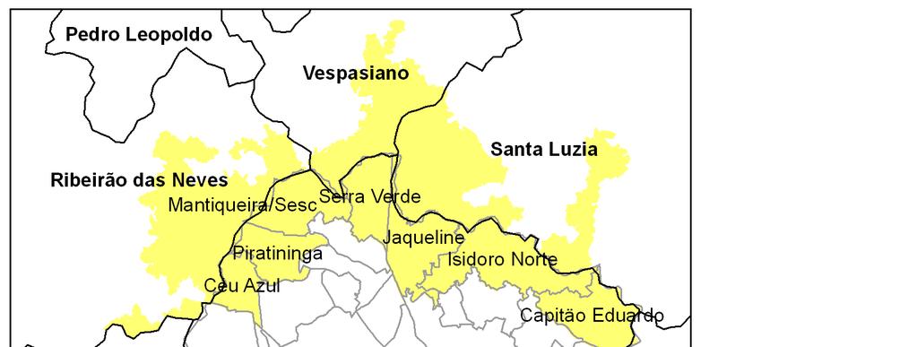 3. DELIMITAÇÃO DA ÁREA DE ESTUDO Limits of the study area A área de estudo foi delimitada a partir da identificação da área conurbada entre os municípios de Belo Horizonte, Ribeirão das Neves, Santa