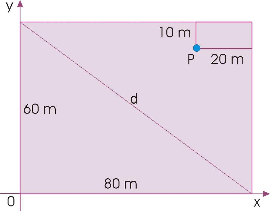 Questão 04 Num terreno retangular de 80 m por 60 m, um ponto P localiza-se a 10 m de um dos lados e a 0 m do outro,