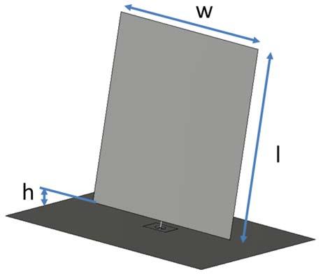 (a) (b) Figura 1. (a) Antena monopolo retangular planar. As dimensões finais foram w=140 mm, l=174 mm e h=6 mm. (b) Detalhes da alimentação coaxial. Figura 3.